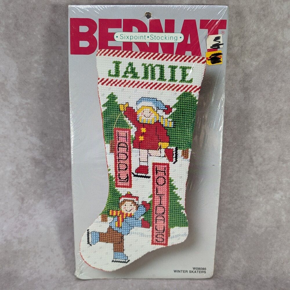 Vintage Bernat Christmas Stocking Kit Winter Skaters 9x18 Sealed 1988 W08086